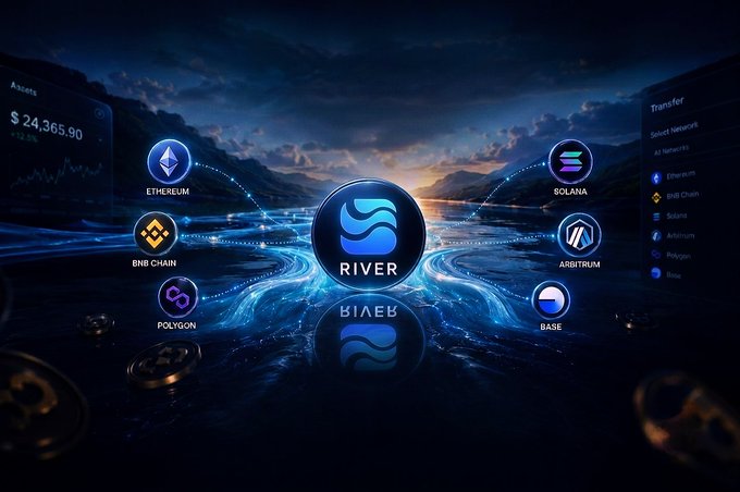 A cryptocurrency-themed graphic showing 'RIVER' at the center connected to multiple blockchains including Ethereum, Solana, BNB Chain, Arbitrum, Polygon, and Base, with $24,365.90 in assets.