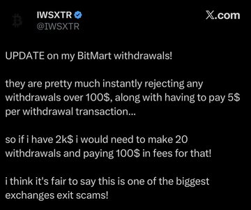 A tweet from @IWSXTR announces updates on BitMart withdrawals, reporting that the exchange is rejecting withdrawals over $100 while charging $5 per transaction—meaning a $2K withdrawal would cost $100 in fees—and calling it one of the biggest exchange exit scams. The accompanying post advises against keeping funds on lower-tier exchanges like BitMart to avoid such predatory withdrawal practices.