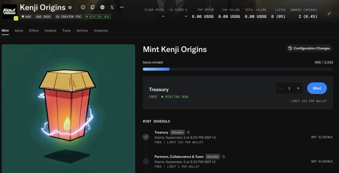 Screenshot of the Kenji Origins NFT collection page on a marketplace, displaying a glowing orange lantern-style NFT with 466 minted out of 3,333.