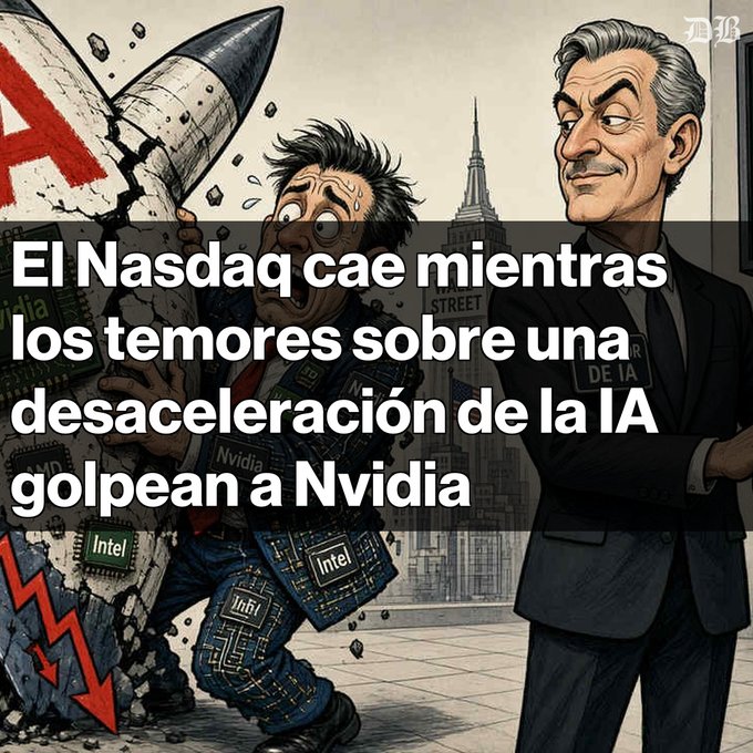 A Spanish-language news illustration titled 'El Nasdaq cae mientras los temores sobre una desaceleración de la IA golpean a Nvidia,' depicting Nvidia (NVDA) stocks crashing with a shocked character while another smiles, referencing Nvidia and Intel chips.