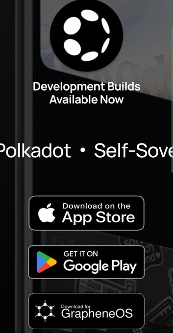 A mobile app download page for Polkadot ("Polkadot • Self-Sovereign") featuring the network's logo and download links for the App Store, Google Play, and GrapheneOS, with text "Development Builds Available Now".