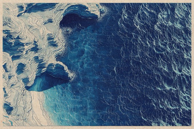 A blue-toned artistic image of rippling water with light reflections, giving a vintage or painted aesthetic.