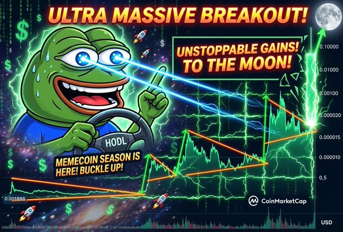 A Pepe the Frog meme with laser eyes holding a "HODL" steering wheel, overlaid with crypto trading text including "ULTRA MASSIVE BREAKOUT!", "UNSTOPPABLE GAINS! TO THE MOON!", "MEMECOIN SEASON IS HERE! BUCKLE UP!", and the "CoinMarketCap" logo.