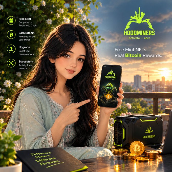 A promotional graphic for 'HOODMINERS' cryptocurrency platform featuring an anime-style woman holding a phone showing the app, with text promoting 'Free Mint NFTs' and 'Real Bitcoin Rewards' alongside Bitcoin coins and mining equipment.
