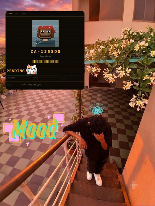 A person in black stands on a staircase in an outdoor setting with checkered flooring and flowering plants; an overlaid graphic resembles an ID card with a pixel art avatar labeled 'ZA-1358D8' and 'PENDING', along with a pink 'Mood' text graphic.