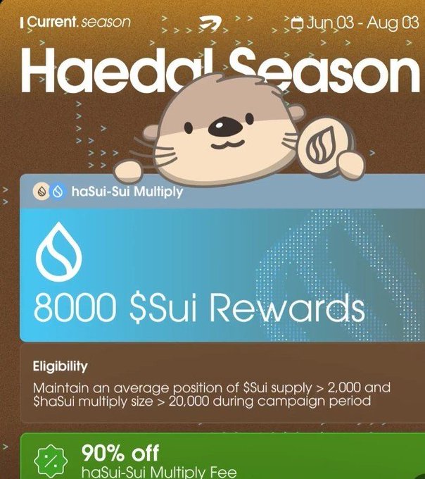 A promotional banner for the 'Haedal Season' campaign offering 8000 $Sui Rewards via haSui-Sui Multiply, running from Jun 03 - Aug 03, with eligibility requiring $Sui supply > 2,000 and haSui multiply size > 20,000.