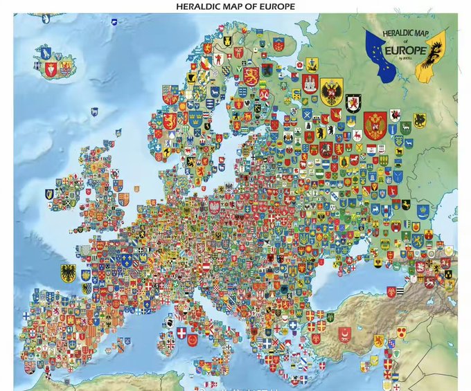 A detailed heraldic map of Europe titled 'HERALDIC MAP OF EUROPE' displaying numerous coats of arms across the continent, with a watermark in the upper right corner reading 'HERALDIC MAP of EUROPE by @3000bbb'.
