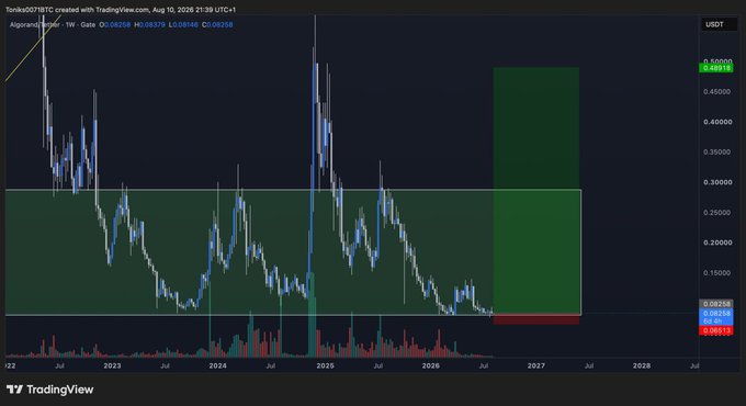 This is a TradingView weekly candlestick chart of the ALGO/USDT pair on Gate.io, showing Algorand's price history from 2022 to 2028, currently trading around $0.0841 with a massive green target zone drawn between approximately $0.18 and $0.30, illustrating the trader's planned 500%+ upside potential from their accumulation zone near the lows.