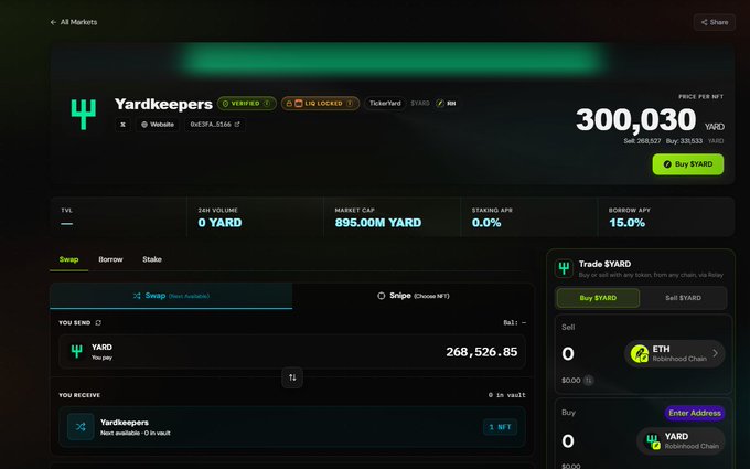 Screenshot of the Yardkeepers ($YARD) token page on Anvil market, showing a price of 0.000300030 YARD/NFT, market cap of 895.00M YARD, 15.0% borrow APR, and a swap interface offering 268,526.85 YARD from Yardkeepers, corresponding to the contract address 0xE3FA12... shared in the announcement post.
