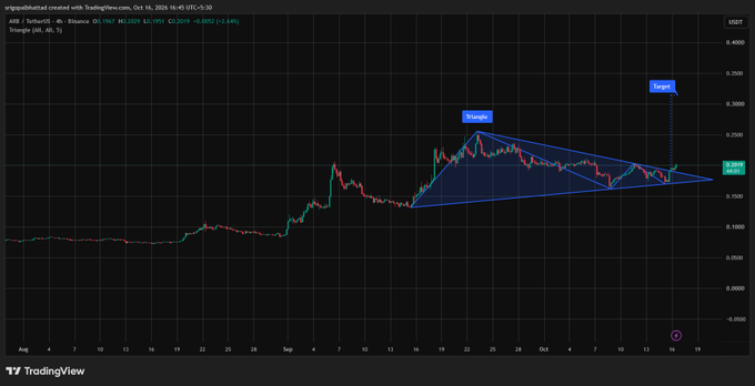 A TradingView candlestick chart for ARB/USDT on Binance showing a price of $0.2019, featuring a drawn triangle pattern marking resistance, support, and breakout levels.