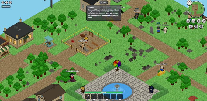 An isometric pixel-art video game scene featuring various player characters in a town with trees, a fountain, and a tutorial dialogue box about fishing and chopping trees.