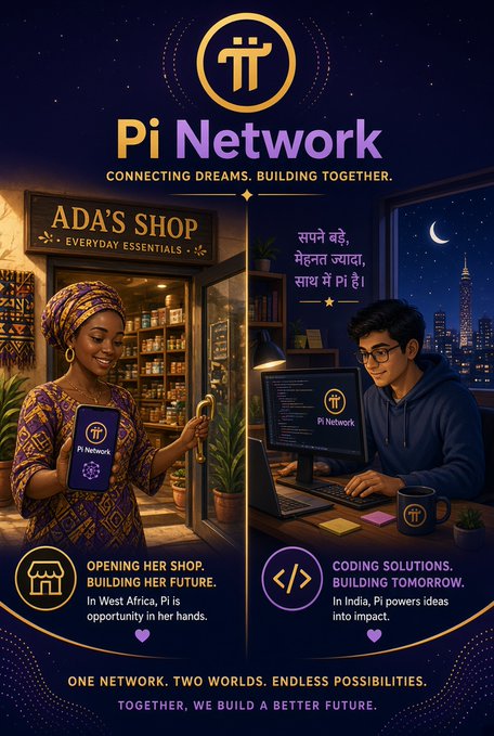 Pi Network promotional graphic with the tagline "Connecting Dreams, Building Together," featuring two scenes: "Ada's Shop" in West Africa and "Coding Solutions" in India.