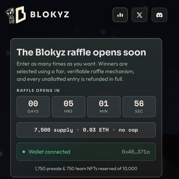 The image shows a Blokyz NFT raffle page with a countdown timer (00 days, 05 hours, 01 min, 56 sec until opening), indicating a 7,500 supply at 0.03 ETH with no cap and a connected wallet (0xA5...371a). This directly relates to the poll, as participants can mint NFT raffle entries ahead of the presale, with 1,750 presale and 750 team NFTs already reserved out of the 10,000 total supply.