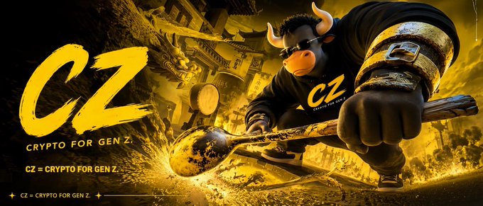 The image depicts a stylized bull character wearing sunglasses and a "CZ" jersey, wielding a large hammer to forge metal amid golden sparks, with text reading "CZ = CRYPTO FOR GEN Z." The "iron flower" metaphor of heating and striking metal to forge something new parallels the branding's message of repeatedly refining crypto until it strikes into something powerful for the next generation.