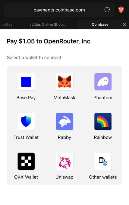 Coinbase payment screen showing a $1.05 payment to OpenRouter, Inc, with wallet connection options including Base Pay, MetaMask, Phantom, Trust Wallet, Rabby, Rainbow, OKX Wallet, and Uniswap.