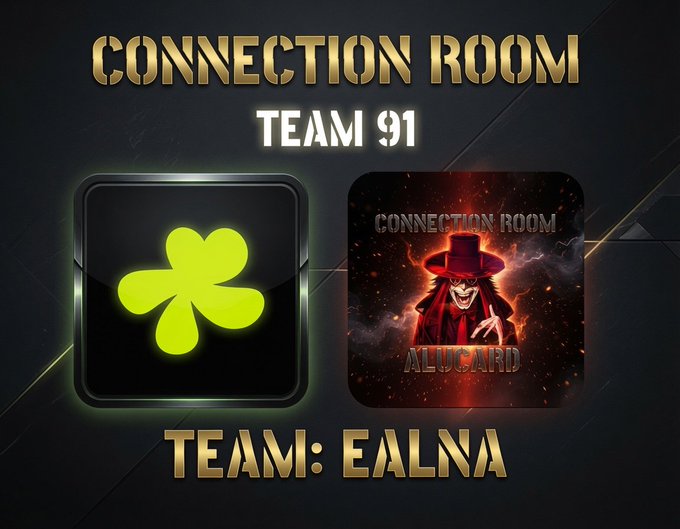 A dark promotional graphic reading "CONNECTION ROOM TEAM 91" at the top and "TEAM: EALNA" at the bottom, featuring a green four-leaf clover logo next to an app icon depicting a red-hatted "CONNECTION ROOM ALUCARD" character, illustrating the Ealna AI compute network featured in the accompanying post.