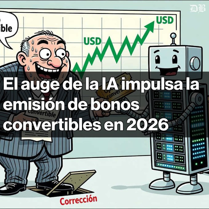 A political cartoon shows a sweating businessman in a suit standing next to a smiling robot, with green upward arrows labeled 'USD'; overlaid text reads 'El auge de la IA impulsa la emisión de bonos convertibles en 2026' and 'Corrección'.
