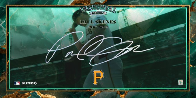 An 'Inaugural Mark' MLB debut card for Paul Skenes of the Pittsburgh Pirates features a signature and a faded action photo of the pitcher.