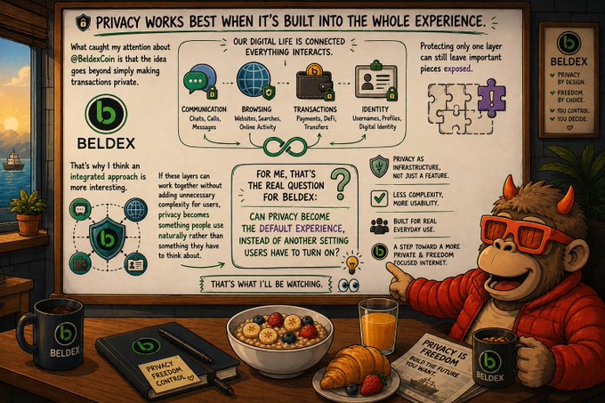 An illustrated infographic for 'BELDEX' featuring a friendly devil character, with the headline 'PRIVACY WORKS BEST WHEN IT'S BUILT INTO THE WHOLE EXPERIENCE' explaining digital privacy concepts.