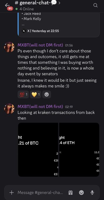 A screenshot of a Discord chat in the '#general-chat' channel where a user named MXBT (will not DM first) discusses old Kraken transactions, sharing images showing past Bitcoin and Ethereum amounts.