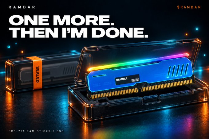 An advertisement for 'RAMBAR' memory modules shows a blue RGB-lit RAM stick inside a clear plastic case next to a sealed box, with the text 'ONE MORE. THEN I'M DONE.' and 'ERC-721 RAM STICKS / BSC'.
