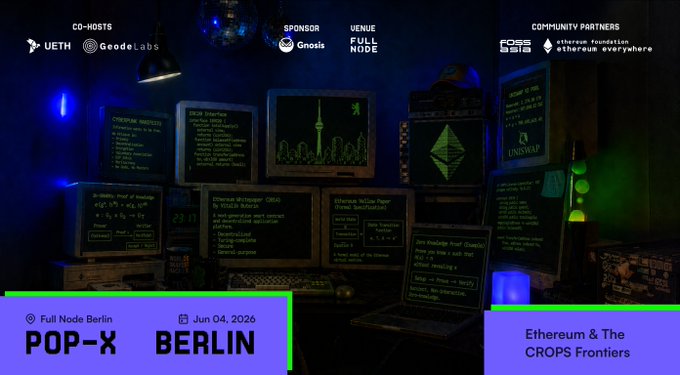 The image features a poster for an event called "Pop-X Berlin" that takes place on June 4th at 8:00 PM. The poster also mentions that there will be a talk about Ethereum and the open internet, which seems to be related to the Pop-X Berlin event. There are several old computer monitors displayed in various sizes and colors, with some of them showing green screens. A laptop is placed on top of one of these monitors.