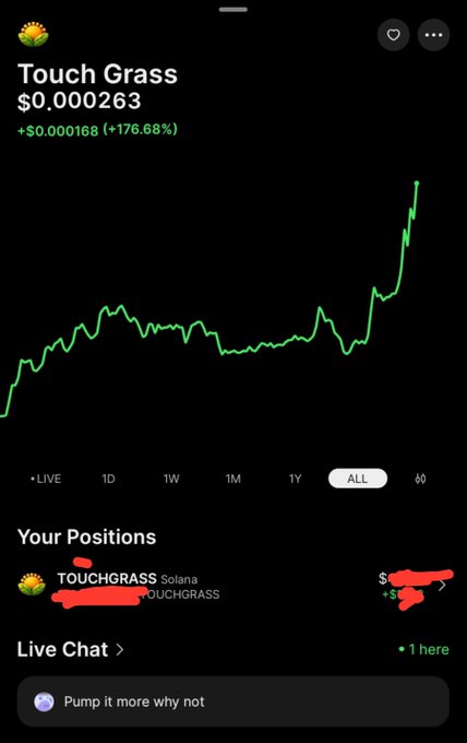 A mobile app screenshot showing the price chart for the meme coin 'Touch Grass' (ticker appears to be hidden/redacted) on Solana, priced at $0.000263, with a +176.68% gain and a user comment 'Pump it more why not' in the live chat.
