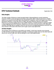 Partial screenshot of an 'ETH Technical Outlook' report dated September 21st discussing Daily Pennants and showing a price chart with an 'ETHUSD' label.
