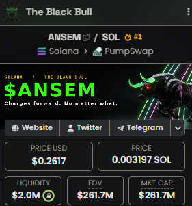 The image shows a crypto token page for "$ANSEM" (The Black Bull) on Solana via PumpSwap, displaying a price of $0.2617, liquidity of $2.0M, and an FDV/market cap of $261.7M. It relates to the post by highlighting $ANSEM's high market cap and FDV figures, suggesting it as the latest hyped Solana memecoin amid the "onchain season."