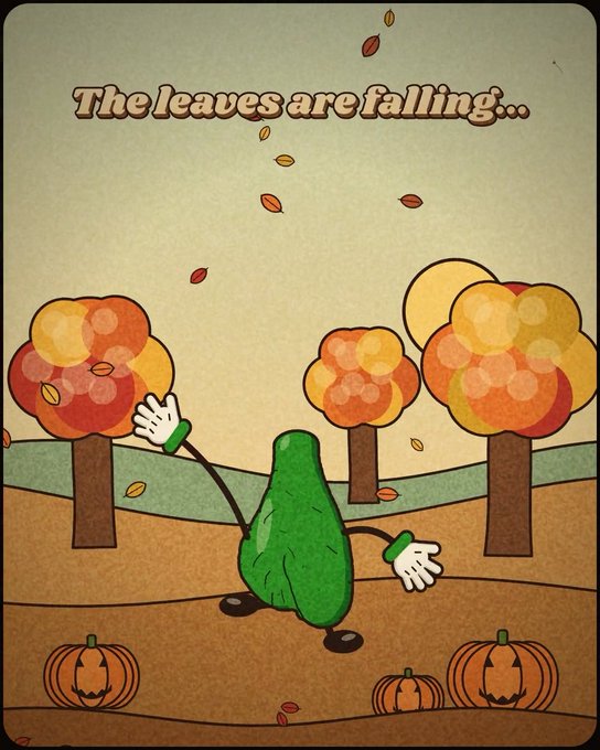 An illustrated autumn scene featuring a green pear-like character with gloved hands among fall trees and pumpkins, with the text 'The leaves are falling...' at the top.