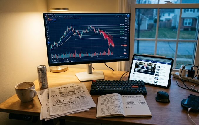 A desk setup with a monitor displaying a cryptocurrency trading chart, accompanied by a keyboard, mouse, tablet, coffee mug, and newspapers/articles with notes about 'FED' and 'INFLATION DATA'.