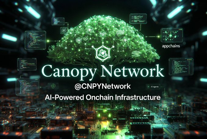 A promotional graphic for Canopy Network (@CNPYNetwork) featuring a glowing green digital tree and the text 'AI-Powered Onchain Infrastructure' with 'appchains' labeled in the corner.
