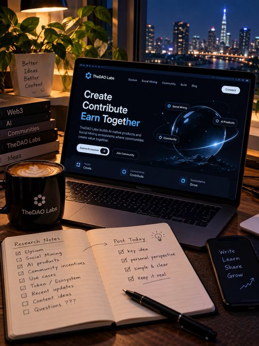 A laptop displays TheDAO Labs website with the slogan 'Create Contribute Earn Together,' accompanied by a coffee mug, notebook with research notes, and a nighttime city skyline view.