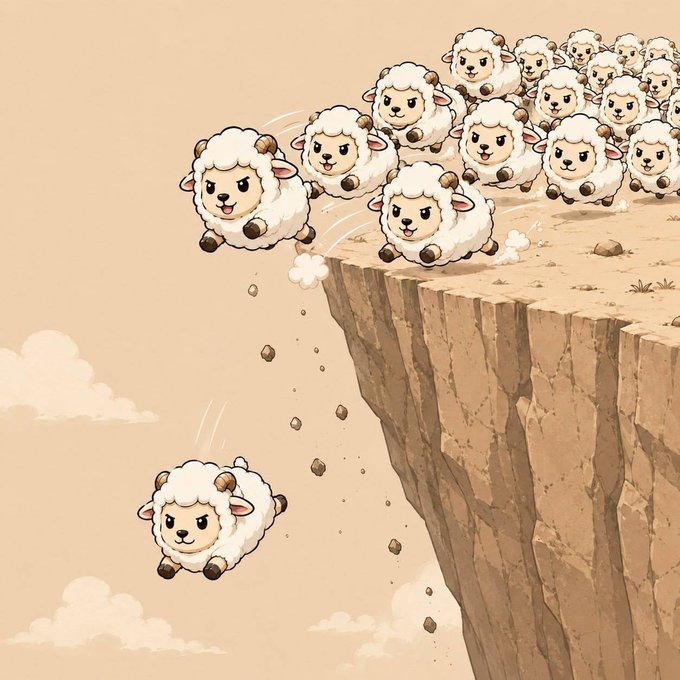 A flock of cartoon sheep mindlessly leap off a cliff together, while one curious sheep looks back in confusion at the trail of falling rocks left behind by those who already jumped. The image perfectly illustrates the post's warning about herd mentality in crypto trading, where each buyer follows another buyer's footsteps without questioning the chain of logic that led them all to the edge.