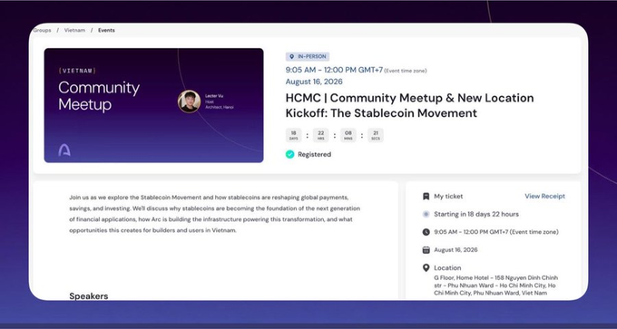 An event registration page for the 'HCMC Community Meetup & New Location Kickoff: The Stablecoin Movement' in Vietnam, scheduled for August 16, 2026, showing the event is 'In-Person' and 'Registered' with 16 days until the event.