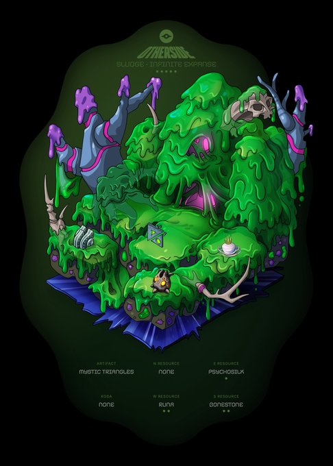A video game item card for a "SLUDGE : INFINITE EXPANSE" diorama covered in dripping green slime, with stats listed below including Artifact "MYSTIC TRIANGLES" and S Resource "GONESTONE".