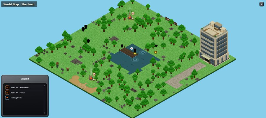 An isometric video game screenshot titled 'World Map - The Pond' displays a forested area with a central pond, a tall building on the right, and a legend showing 'Roast Pit - Northwest', 'Roast Pit - South', and 'Fishing Dock'.