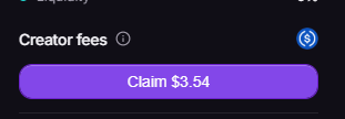 A screenshot showing 'Creator fees' with a purple 'Claim $3.54' button and a dollar sign icon.