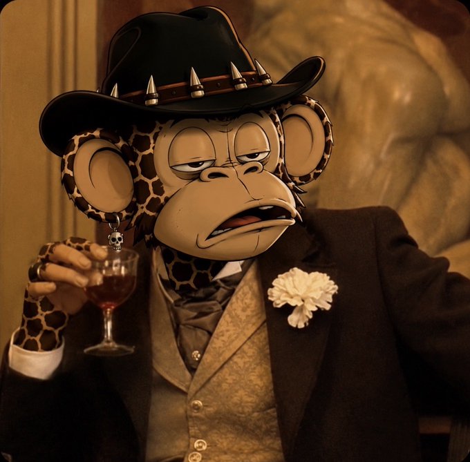A stylized illustration of a monkey with a grumpy expression, dressed in a dapper black suit, top hat with bullet decorations, and white boutonniere, while holding a glass of red wine.