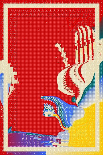 An abstract glitch-art style composition dominated by red with pixelated distortion, featuring white curved shapes and patches of blue, yellow, and purple.