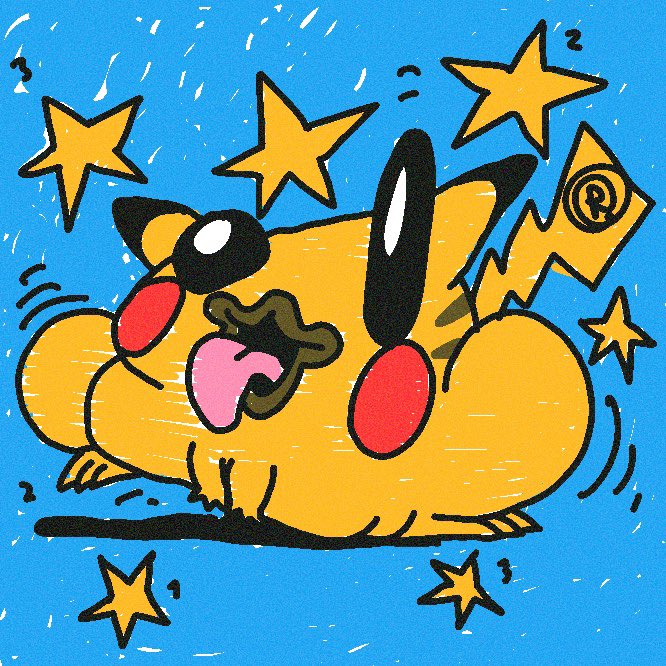 A cartoon-style illustration features a yellow creature, possibly Pikachu, dizzy and collapsed on a blue background surrounded by yellow stars and the number '2'.