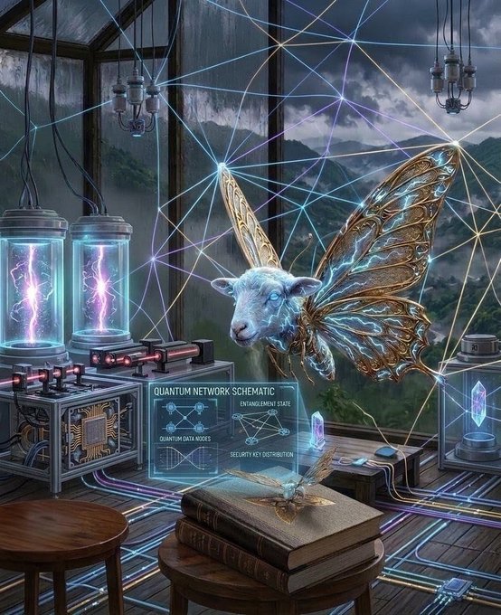 A fantasy artwork depicting a goat-like creature with glowing mechanical wings inside a room with quantum network schematics and glowing cylinders.
