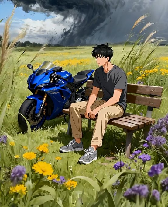 The image features a man sitting on a wooden bench surrounded by flowers and grass. Next to him, there's a blue motorcycle parked nearby. The scene appears to be set outdoors with a cloudy sky above. The main focus of the image is the man sitting on the bench, which is located in the foreground.