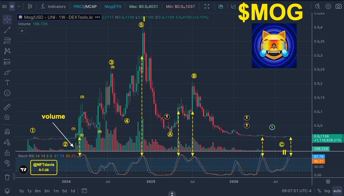 A technical analysis chart of $MOG/USD showing a weekly candlestick view on DEXTools.io, with the current price at $0.0000001158 (+3.72%), annotated with wave counts (1-5, A-C), volume indicators, and a Stochastic RSI at 87.79, accompanied by the viral Shiba Inu-style dog meme logo. The chart illustrates the analyst's patient approach, marking key support levels near $0.000000072K and resistance zones as they wait for indicators like the Stochastic RSI to confirm an optimal entry point.
