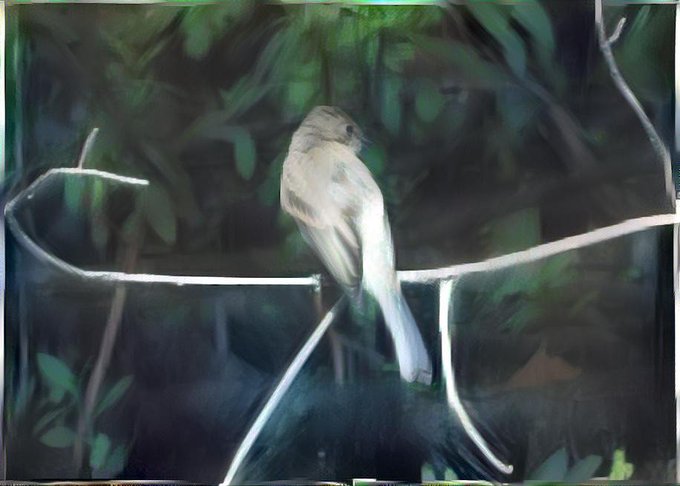 A small bird with light brown and white plumage perches on a thin branch surrounded by dark green foliage in a painterly image.
