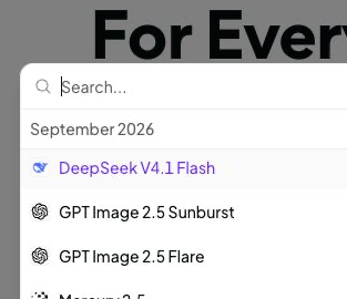 A dropdown menu showing AI model options under 'September 2026', with DeepSeek V4.1 Flash selected, and GPT Image 2.5 Sunburst and GPT Image 2.5 Flare listed below.