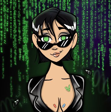 A digital illustration of an animated character with short black hair, green eyes, and sunglasses, wearing a black leather jacket with M&M candy details, set against a green Matrix-style code background.