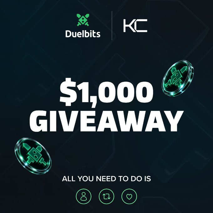 The image shows a black background with the words "Duelbits" at the top and "Kc" at the bottom left corner. Below this, there are two green coins that read $1,000.00 each. The caption below these coins reads "$1,000.00 Giveaway - all you need to do is follow the tasks". The image also includes three additional icons: a heart, a camera, and a phone. These icons suggest various actions users can take during this giveaway, such as sharing their experience on social media or taking a selfie with one of the coins to enter into the contest.