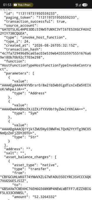 The image displays a JSON-formatted testnet transaction with ID "113119731950559233," showing a successful `invoke_host_function` call (transaction type 24) from address `GBTO5LKL4HPE3DDJ3INW5TUMXC3VTI6TES3XGCFHUVZ2YIY73RCQ6EA`, invoking a "HostFunctionTypeInvokeContract" on the Pi Testnet, as referenced in the post about Smart Contract V27 going live.