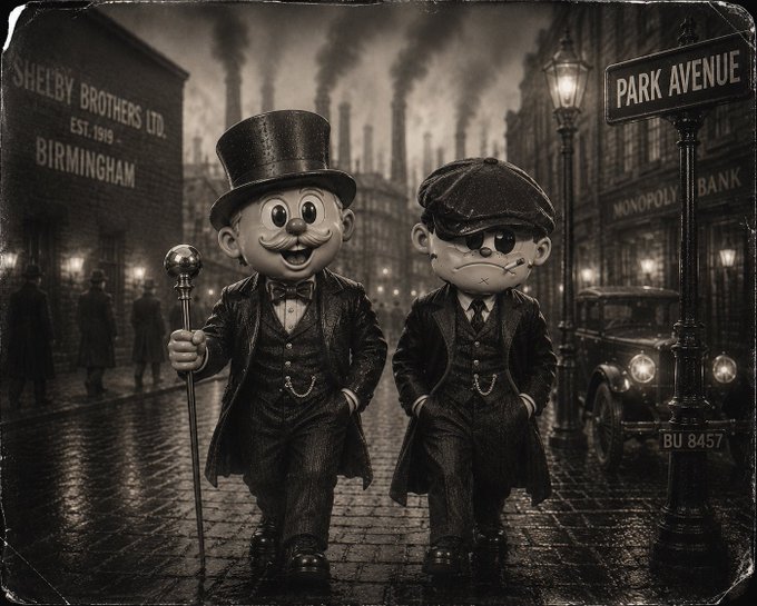 A sepia-toned, vintage-style illustration of two Monopoly mascot characters (Rich Uncle Pennybags with top hat and cane, and a monocled gentleman) standing on a cobblestone street near a 'PARK AVENUE' sign and 'MONOPOLY BANK,' with 'SHELBY BROTHERS LTD. EST. 1919 BIRMINGHAM' visible on a building.
